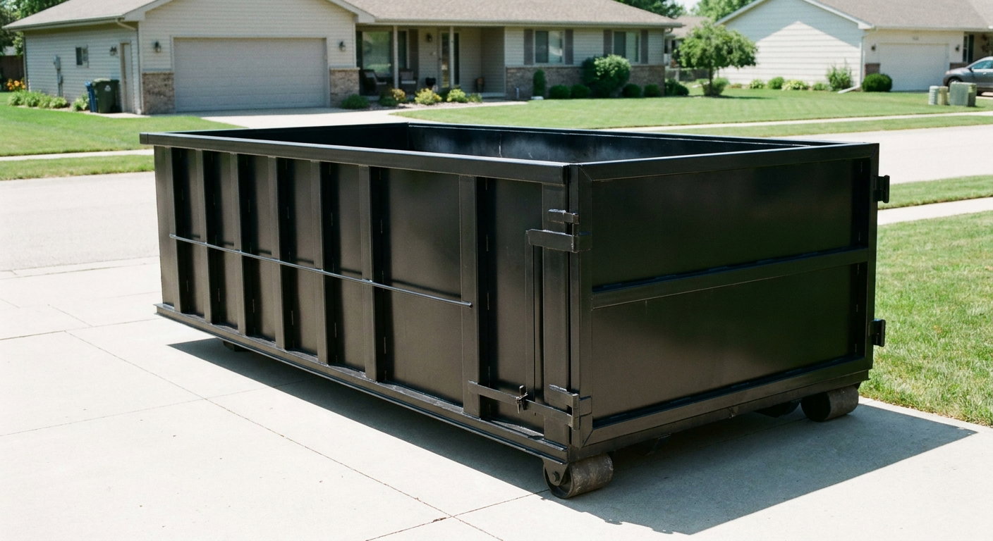 Matte-black 10-yard roll-off dumpster on a residential concrete driveway in Pueblo, uniformly painted matte black across every panel and rail, ribbed steel sidewalls and rear swing door visible, mid-day daylight.