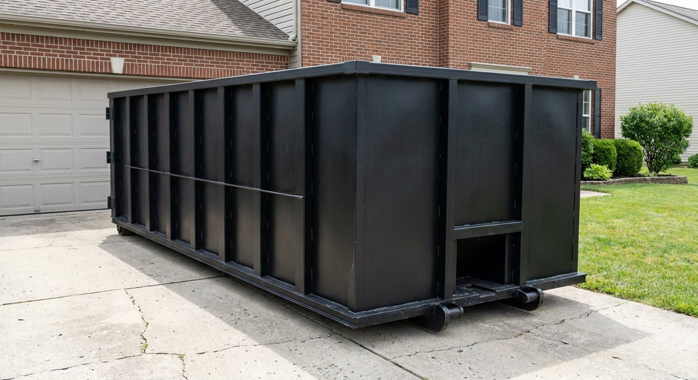 Matte-black 20-yard roll-off container on a Pueblo residential concrete driveway with reinforced ribbed steel sidewalls and a hinged rear walk-in door, clean bright daylight.