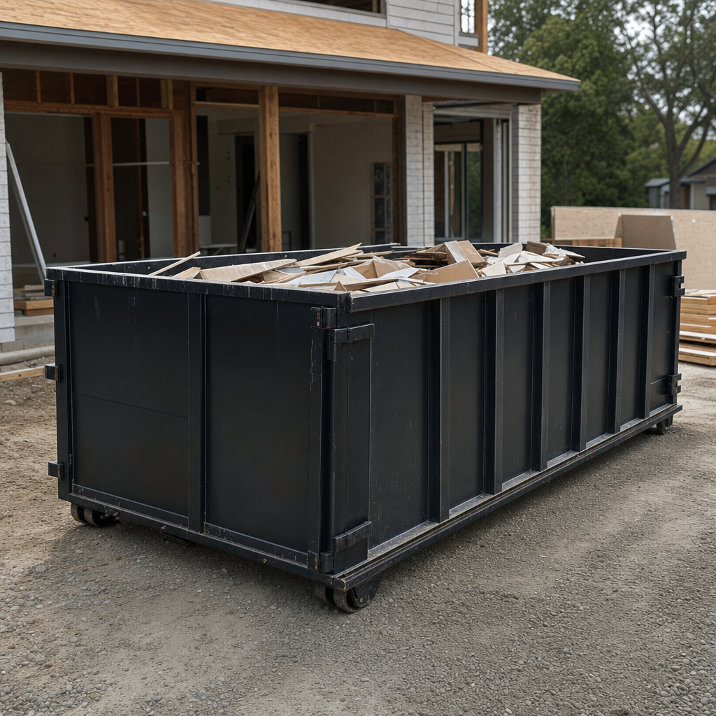 Large matte-black 30-yard construction roll-off dumpster at an active Pueblo jobsite, steel-gray top rails and bottom rollers visible, loaded with construction debris.