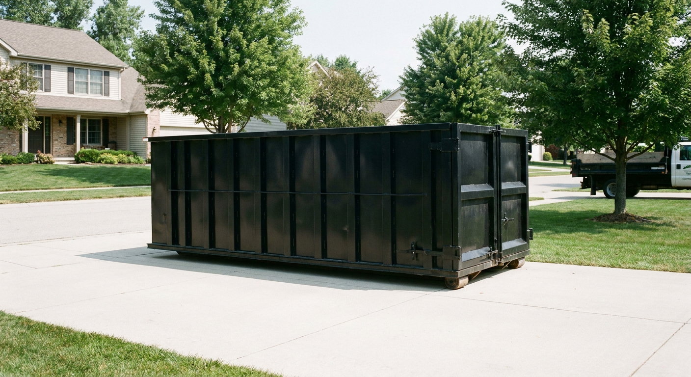 Matte-black 20-yard roll-off dumpster sitting level on a clean Pueblo residential concrete driveway under bright daylight, demonstrating clean placement directly on the concrete.