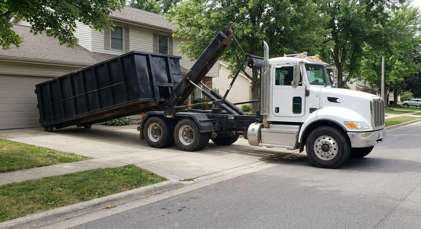 White-cab hooklift roll-off truck actively lowering a matte-black dumpster onto a Pueblo residential concrete driveway, the dumpster's rear wheels touching the driveway as the hoist arm tilts the bed forward, mid-morning daylight.