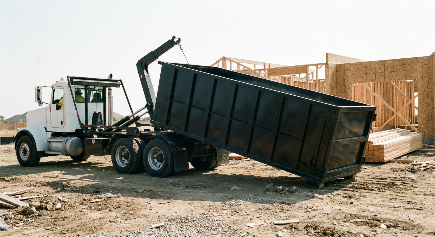 Matte-black roll-off dumpster being delivered onto a clean residential concrete driveway in Pueblo by an unmarked white hooklift hauler truck, bright morning daylight, documentary 35mm perspective.